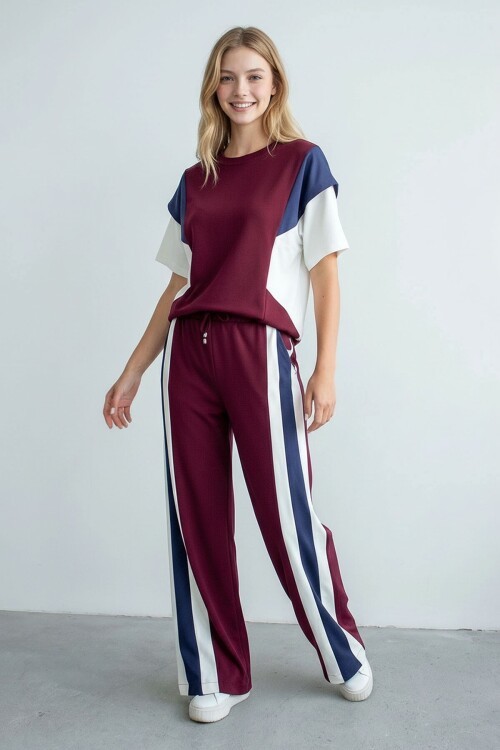 Bordo Renk Bloklu Modal Kumaş Alt Üst Takım