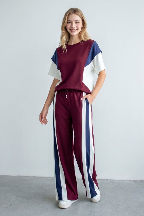 Bordo Renk Bloklu Modal Kumaş Alt Üst Takım