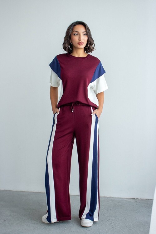 Bordo Renk Bloklu Modal Kumaş Alt Üst Takım