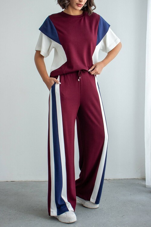 Bordo Renk Bloklu Modal Kumaş Alt Üst Takım