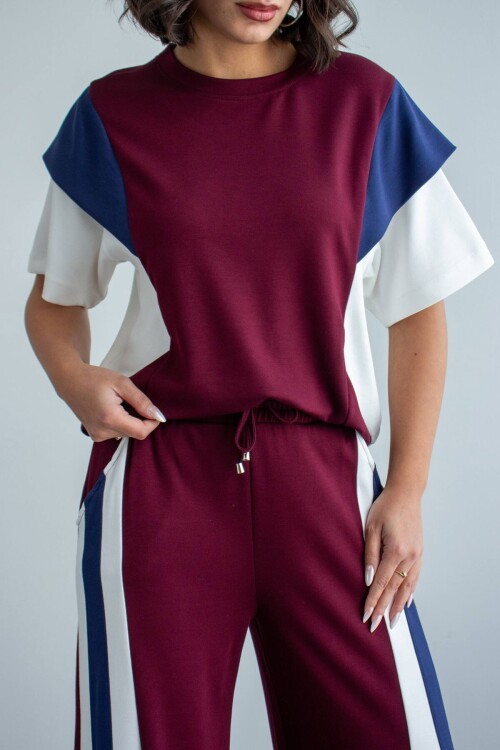 Bordo Renk Bloklu Modal Kumaş Alt Üst Takım