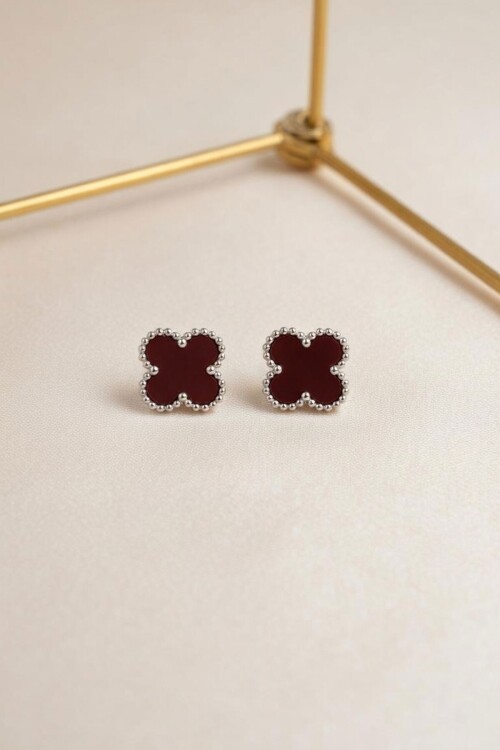 Bordo Yonca Figürlü Silver Kenarlı Küpe