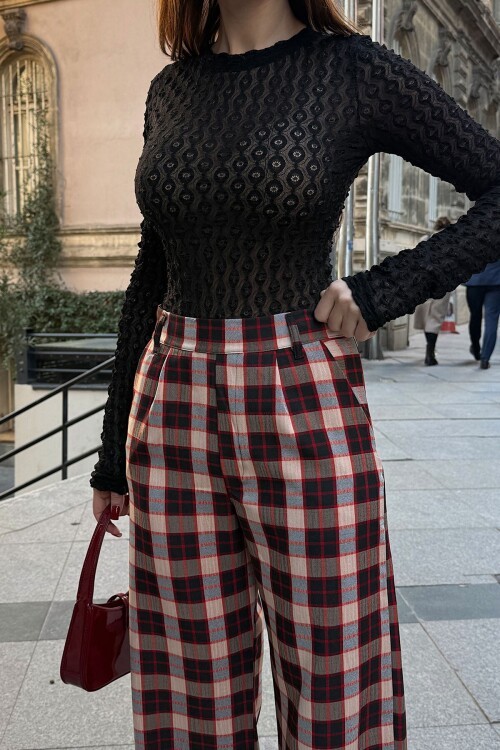 Bordo Yüksek Bel İspanyol Paça Ekose Pantolon