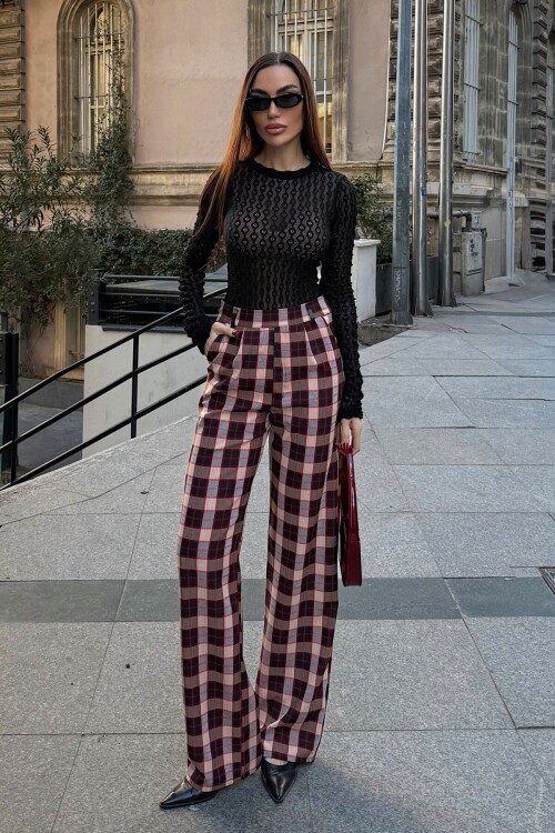 Bordo Yüksek Bel İspanyol Paça Ekose Pantolon