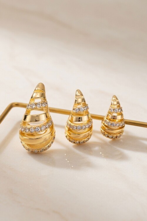 Gold 3 Lü Taşlı Küpe