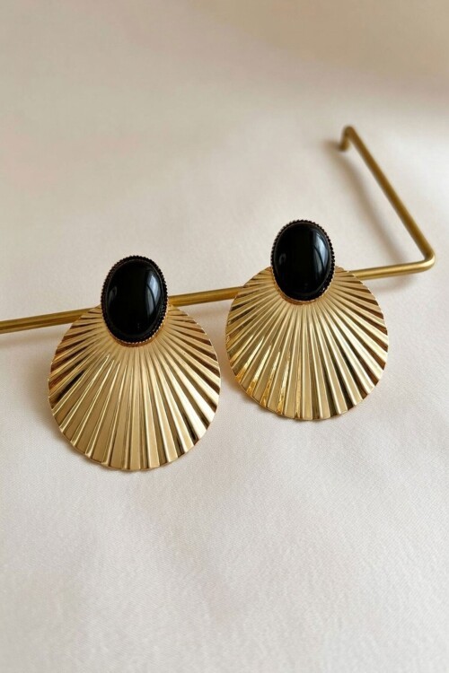 Gold Oval Taşlı Yelpaze Küpe