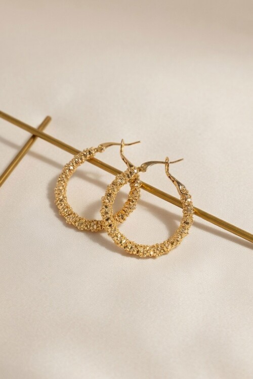 Gold Taşlı Halka Küpe