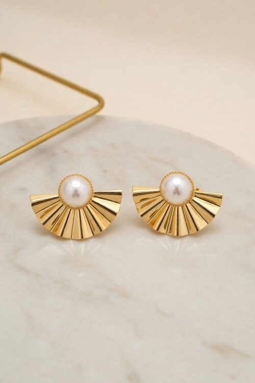 Gold Yelpaze İnci Küpe