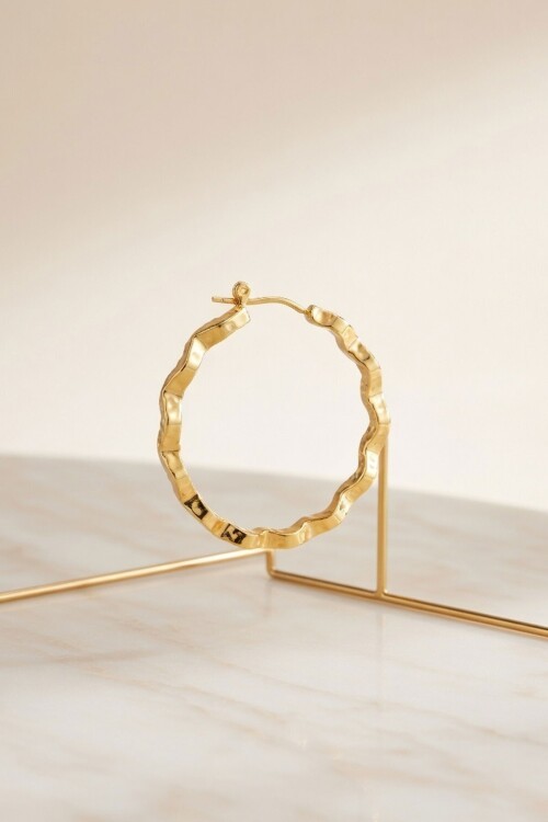 Gold Zigzag Kesim Detaylı Halka Küpe