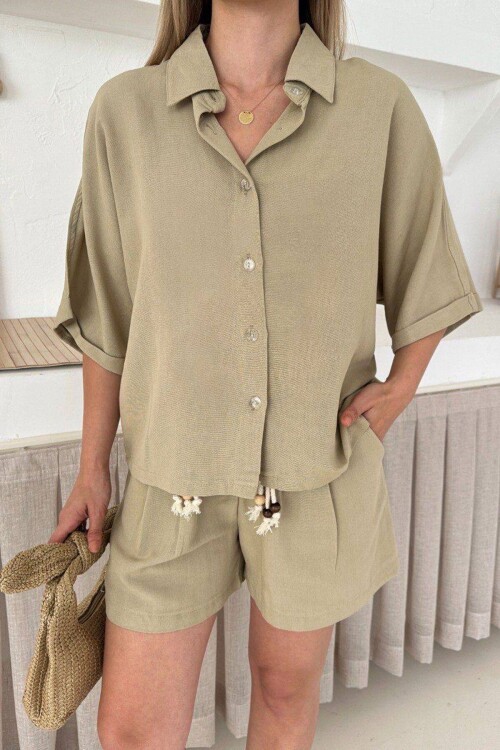 Haki Şort Ve Gömlek Yazlık Pamuklu Alt Üst Takım