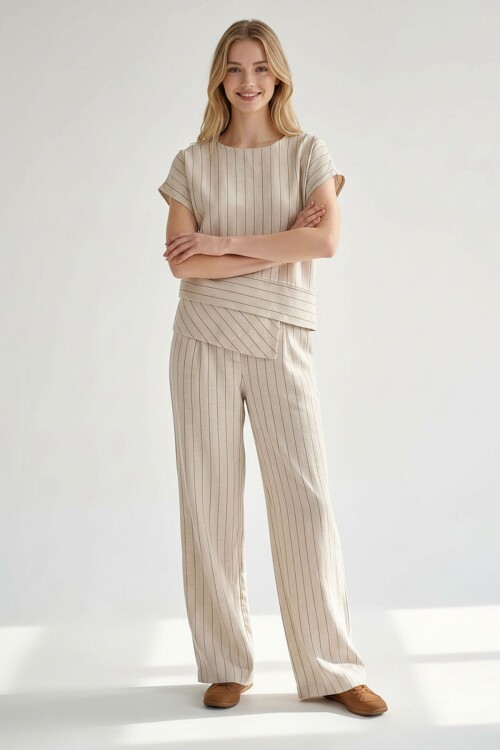 Alaçatı Keten Kahve Çizgili Alt ÜstTakım