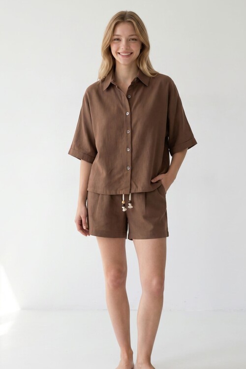 Kahverengi Şort Ve Gömlek Yazlık Pamuklu Alt Üst Takım