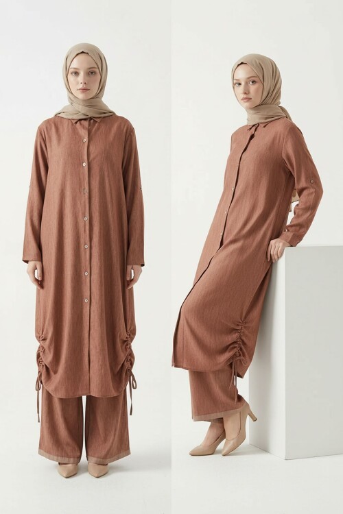 Kahverengi Yanları Büzgülü Uzun Boy Gömlek Pantolon Tensel Kumaş Tesettür Alt Üst Takım