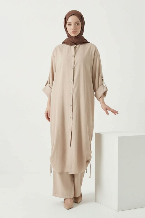 Krem Yanları Büzgülü Uzun Boy Gömlek Pantolon Tensel Kumaş Tesettür Alt Üst Takım