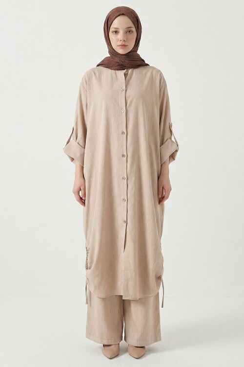 Krem Yanları Büzgülü Uzun Boy Gömlek Pantolon Tensel Kumaş Tesettür Alt Üst Takım
