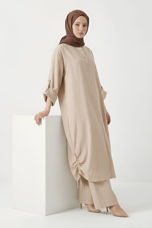 Krem Yanları Büzgülü Uzun Boy Gömlek Pantolon Tensel Kumaş Tesettür Alt Üst Takım
