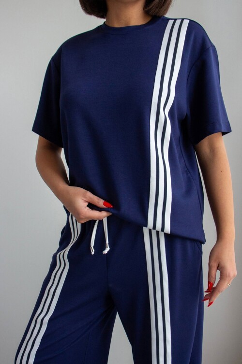 Lacivert Çizgili Modal Kumaş Alt Üst Takım