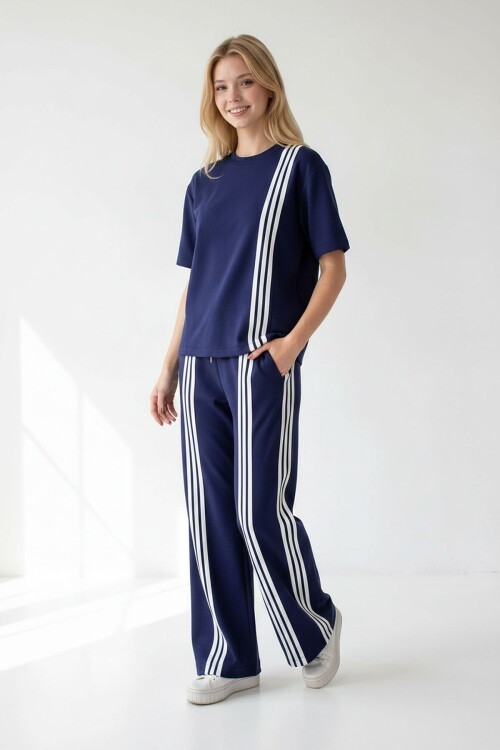 Lacivert Çizgili Modal Kumaş Alt Üst Takım