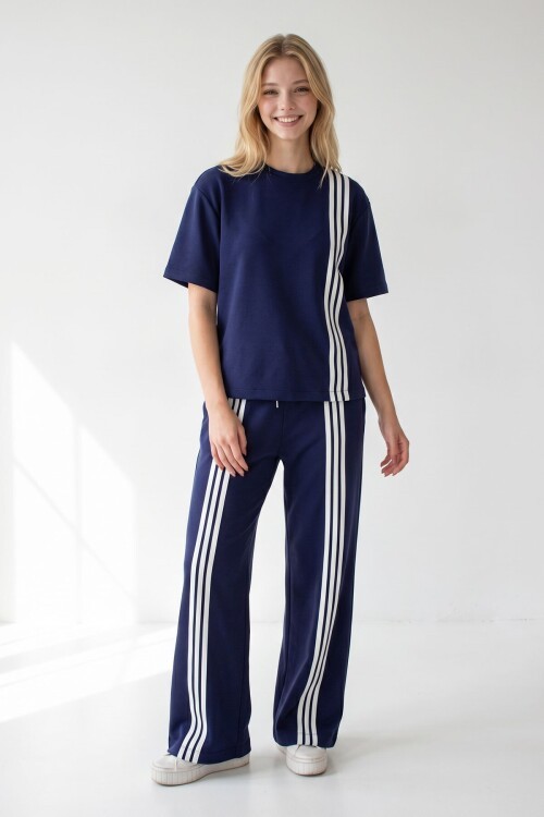 Lacivert Çizgili Modal Kumaş Alt Üst Takım