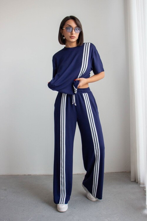 Lacivert Çizgili Modal Kumaş Alt Üst Takım