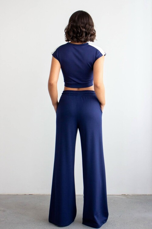 Lacivert Çizgili Modal Kumaş Crop Alt Üst Takım