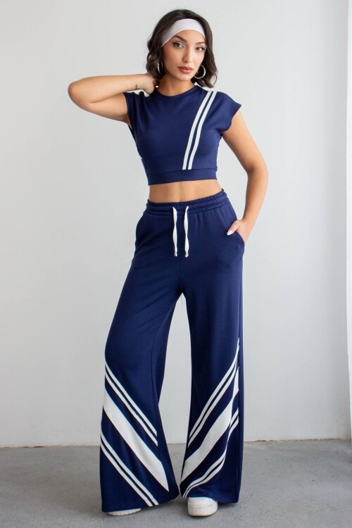 Lacivert Çizgili Modal Kumaş Crop Alt Üst Takım