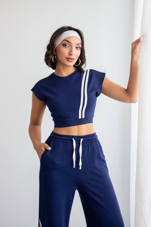 Lacivert Çizgili Modal Kumaş Crop Alt Üst Takım