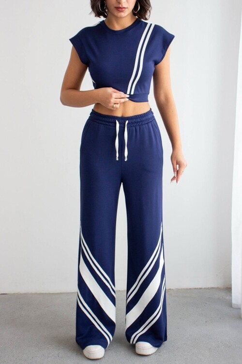 Lacivert Çizgili Modal Kumaş Crop Alt Üst Takım