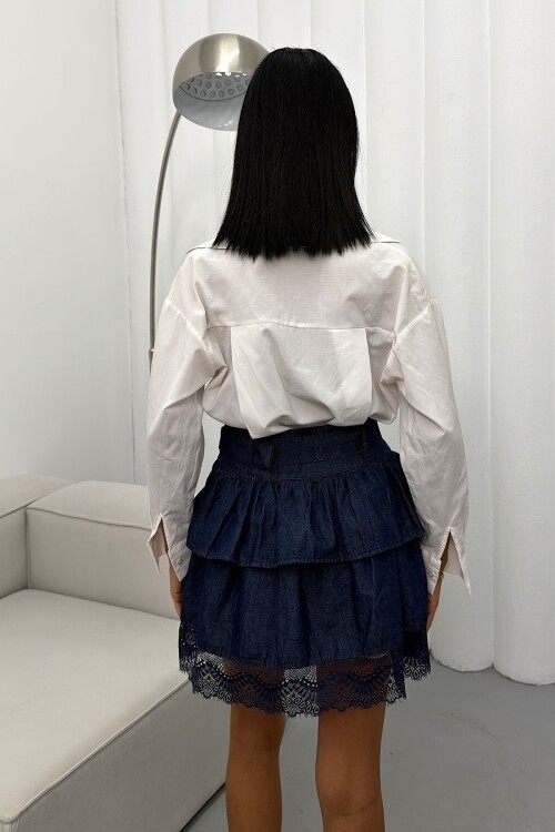 Lacivert Dantel Detaylı Beli Metal Kemerli Mini Jean Etek