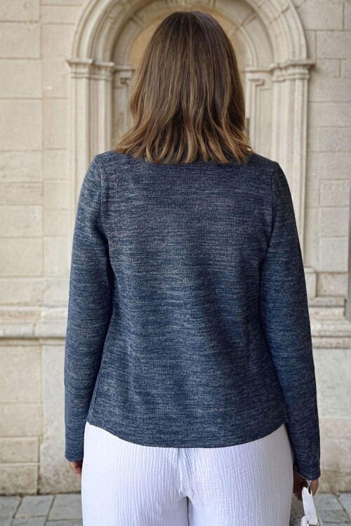 Lacivert Kendinden Dokulu Çift Taraflı Ceket Hırka