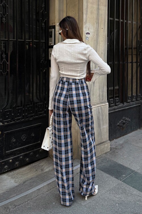 Lacivert Yüksek Bel İspanyol Paça Ekose Pantolon