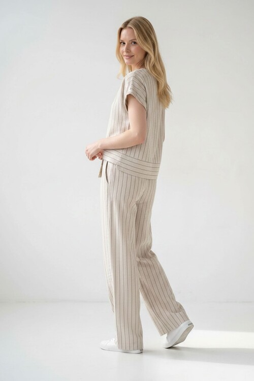 Alaçatı Keten Mavi Çizgili Alt Üst Takım