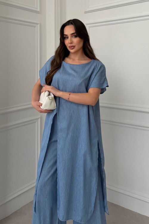 Mavi Önden Ve Arkadan Yırtmaçlı Tensel Kumaş Alt Üst Takım