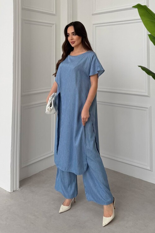 Mavi Önden Ve Arkadan Yırtmaçlı Tensel Kumaş Alt Üst Takım