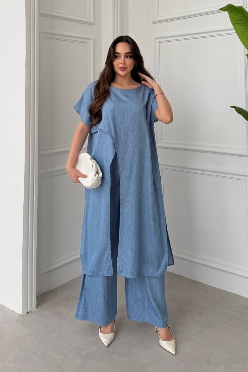 Mavi Önden Ve Arkadan Yırtmaçlı Tensel Kumaş Alt Üst Takım