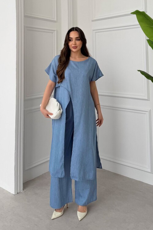Mavi Önden Ve Arkadan Yırtmaçlı Tensel Kumaş Alt Üst Takım