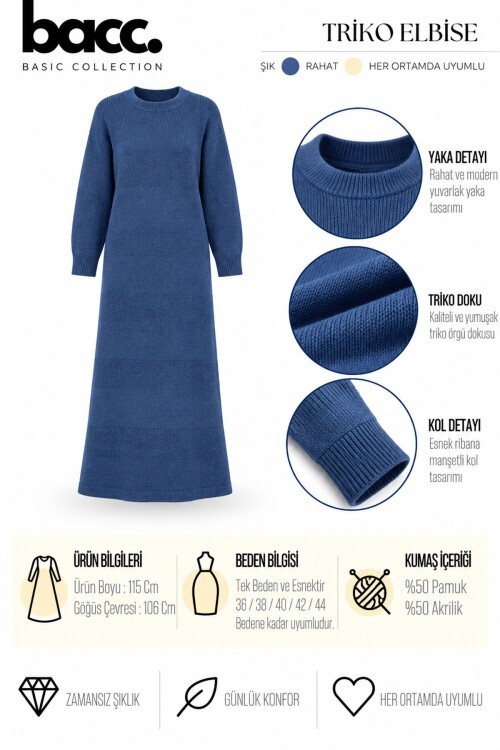 Mavi Uzun Kol Maxi Boy Triko Elbise