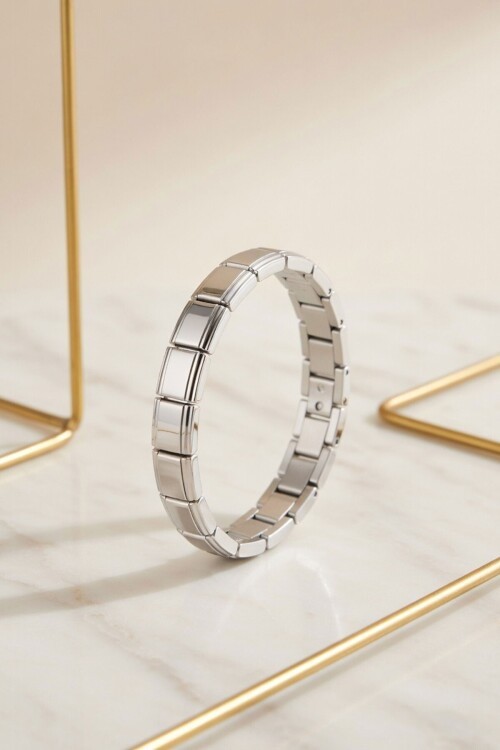 Metalik Italyan Charm Yazısız Bileklik Paslanmaz Çelik Bileklik Silver Unisex Mix