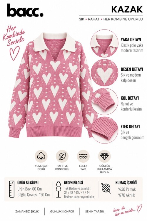 Pembe Polo Yaka Kalp Desenli Triko Kazak