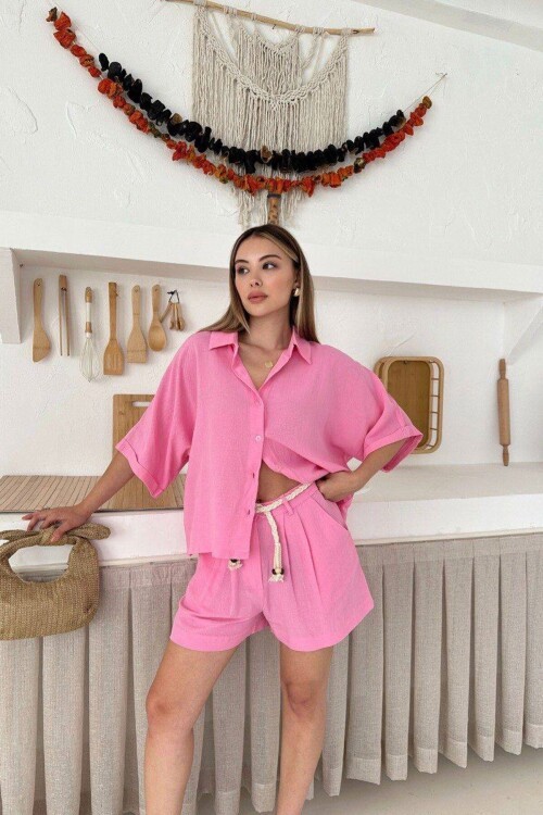 Pembe Şort Ve Gömlek Yazlık Pamuklu Alt Üst Takım