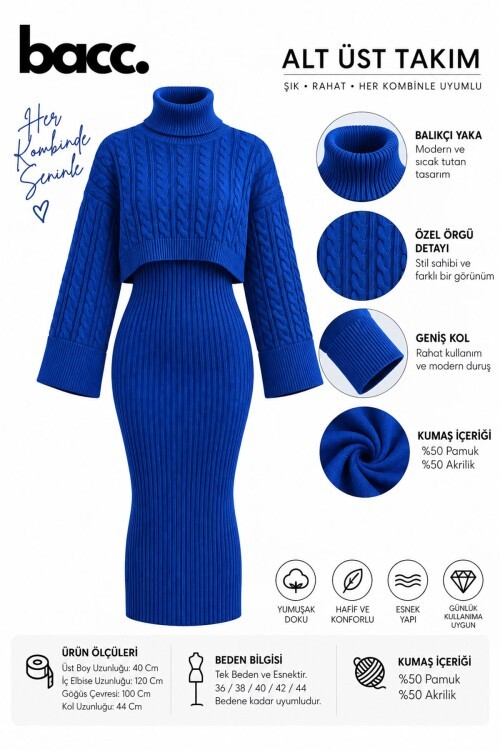 Saks Boğazlı Örgü Motifli Crop Kazak Ve Triko Elbise Takım