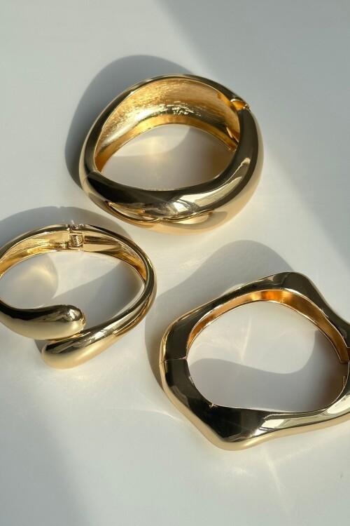 Sarı 1 Adet 316L Çelik Kalın Kelepçe Bileklik Dalgalı Bilezik 14K Altın Kaplama Renk Gold