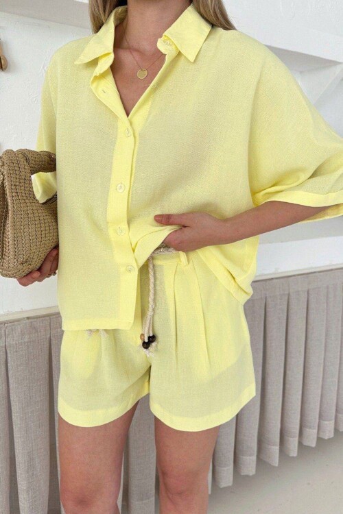 Sarı Şort Ve Gömlek Yazlık Pamuklu Alt Üst Takım
