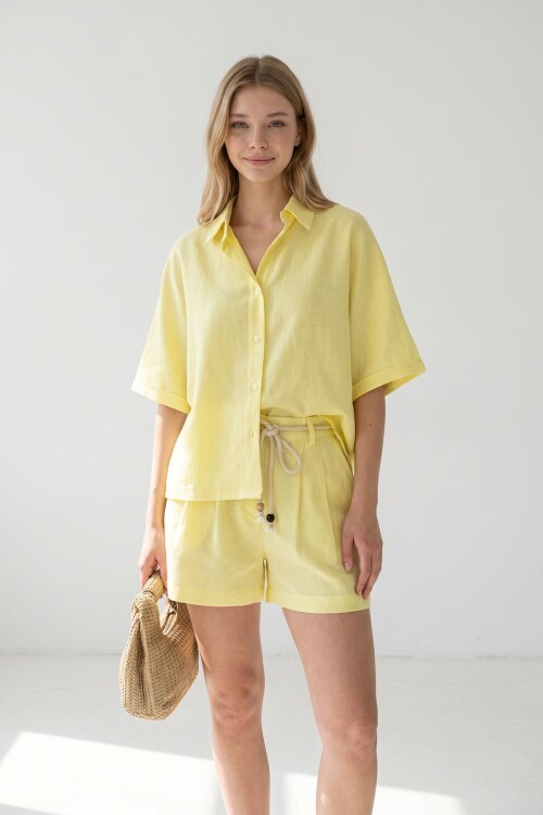 Sarı Şort Ve Gömlek Yazlık Pamuklu Alt Üst Takım