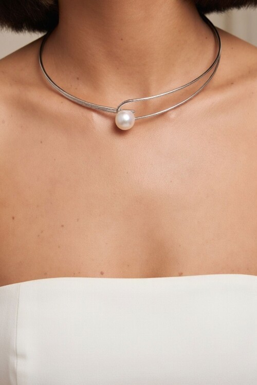Silver İnci Detaylı Tasma Choker Kolye