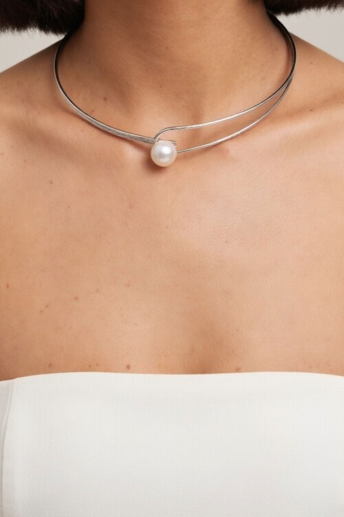 Silver İnci Detaylı Tasma Choker Kolye