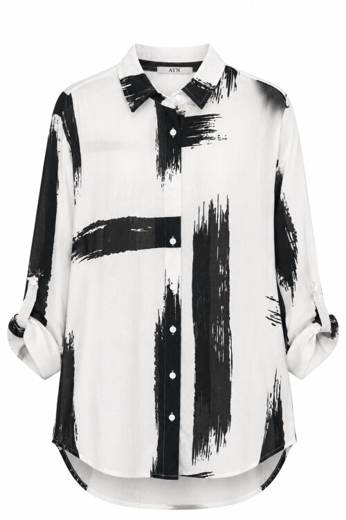 Siyah Beyaz Abstract Desenli Vual %100 Pamuk Oversize Gömlek