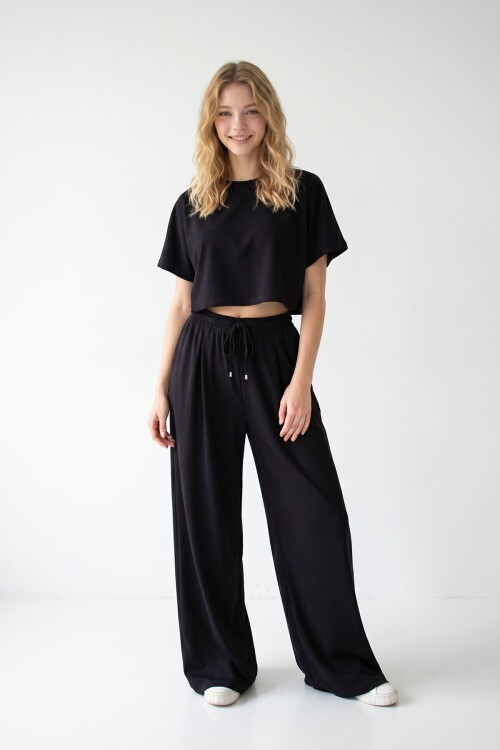 Siyah Bol Paça Rahat Kesim Modal Kumaş Alt Üst Takım