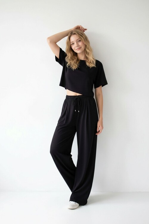 Siyah Bol Paça Rahat Kesim Modal Kumaş Alt Üst Takım