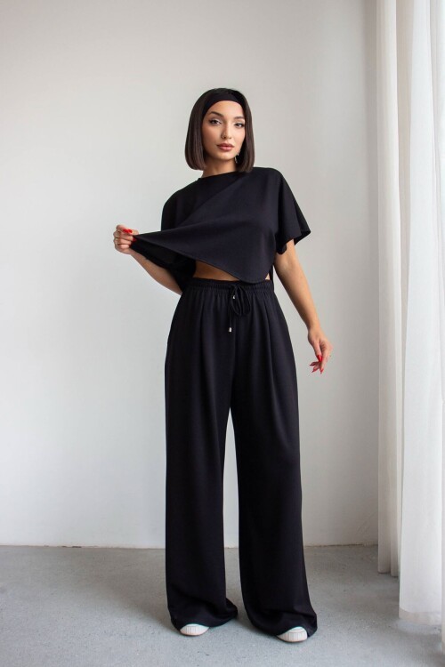 Siyah Bol Paça Rahat Kesim Modal Kumaş Alt Üst Takım